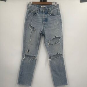 Grlfrnd Women's Karolina Heavily Distressed High Rise Tapered Blue Jeans Size 27